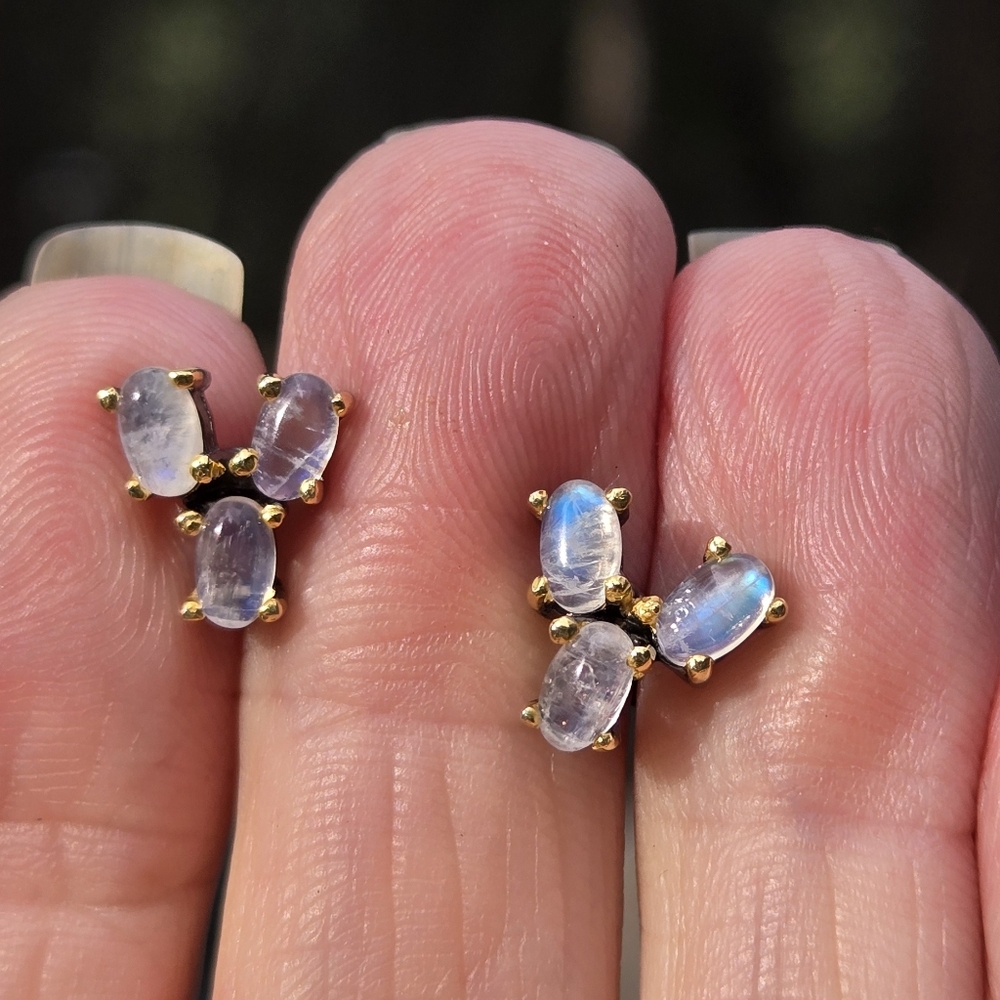 Moonstone 3k Natural Cluster Sterling Rhodium & Gold Earrings - Picture 7 of 10